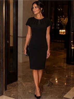 BANANA REPUBLIC Tailored Black Cap-Sleeve Sheath Dress Pleated Key-Hole Sz8 Date
